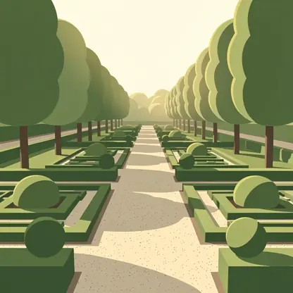 allée de jardin à la française bordée d'arbres et de buissons taillés sous un soleil doux