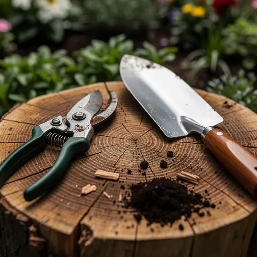 outils de jardinage réalistes sur une souche d'arbre en plein air