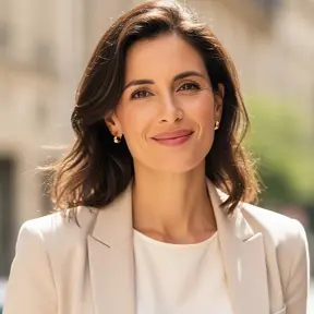 portrait professionnel femme française fin de trentaine sourire chaleureux fond flou naturel