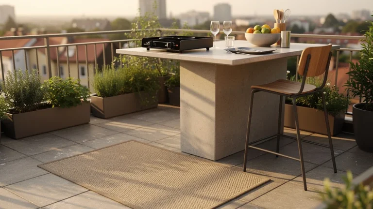 Terrasse avec coin bar aménagé, plaque induction mobile et tapis antidérapant pour un espace sécurisé