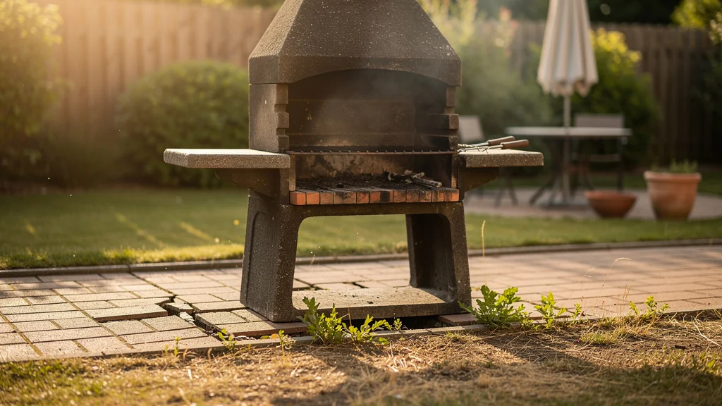 Barbecue fixe qui s’enfonce sans dalle renforcée dans un jardin