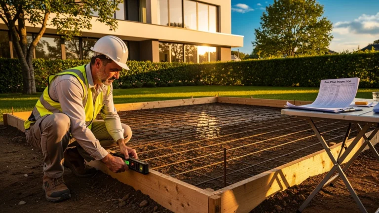 Préparation détaillée avant coulage d'une dalle béton pour terrasse avec contrôle du sol et armature