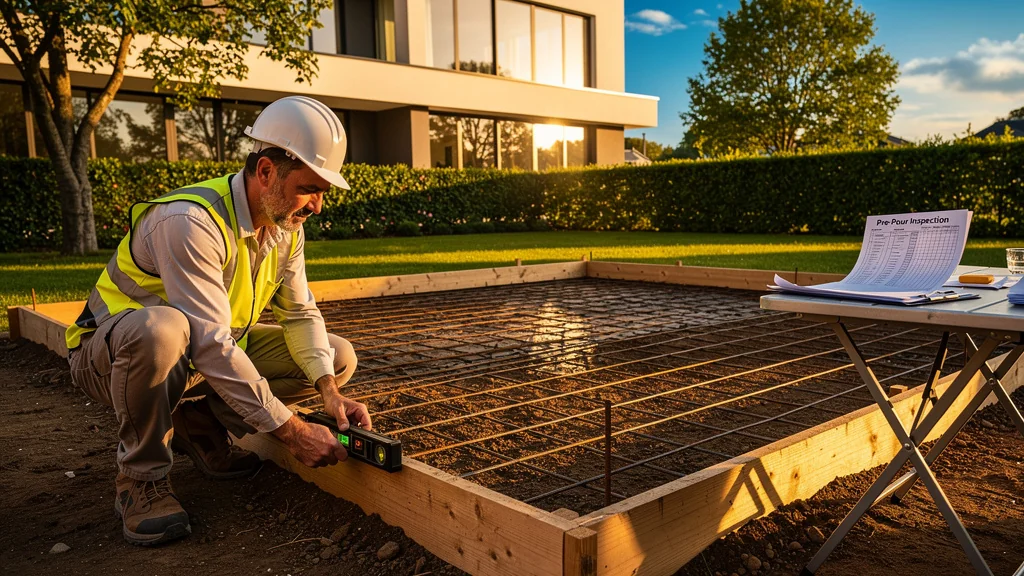 Préparation détaillée avant coulage d'une dalle béton pour terrasse avec contrôle du sol et armature