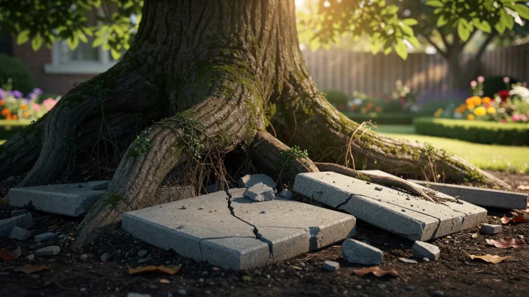 racines d'arbre soulevant des dalles fissurées dans un jardin en gros plan réaliste