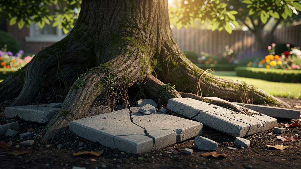 racines d'arbre soulevant des dalles fissurées dans un jardin en gros plan réaliste