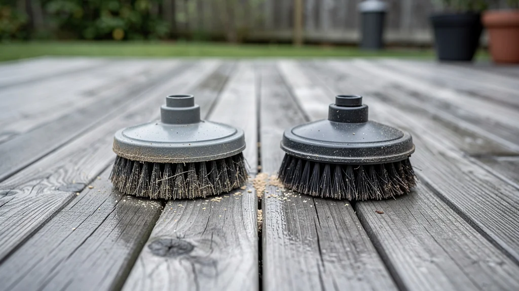 Deux brosses rotatives comparées sur une terrasse en pin grise après 6 semaines d’usage