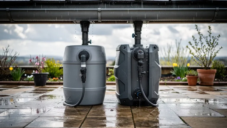 Deux récupérateurs d’eau de pluie sous gouttière sur une terrasse au printemps