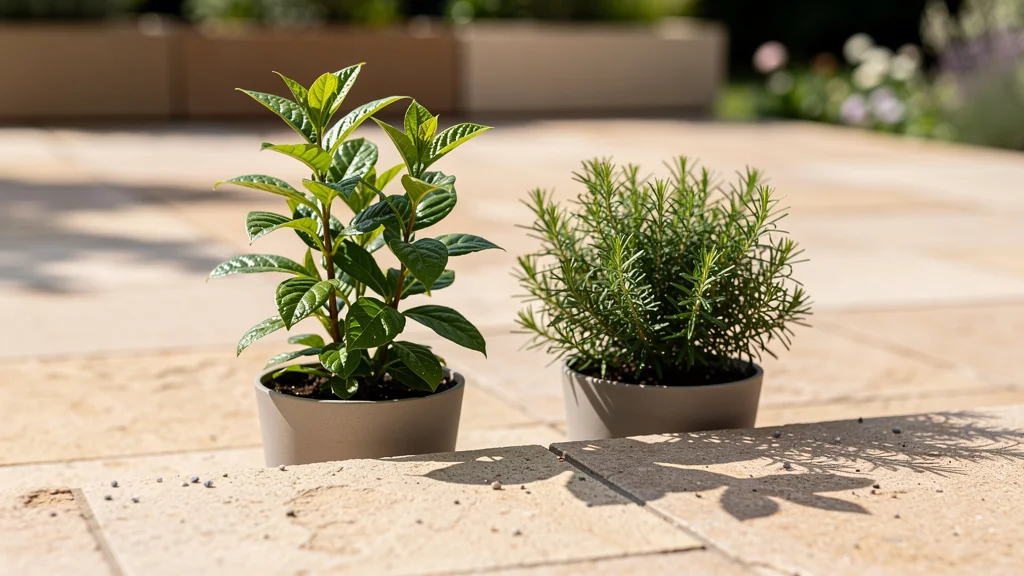 Deux essences vegetales comparees sur bord de terrasse plein soleil, test de 3 mois