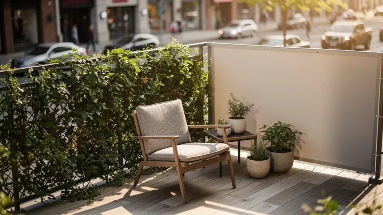 Écran végétal naturel ou panneau plein sur terrasse ouverte sur rue, test annuel en photo réaliste