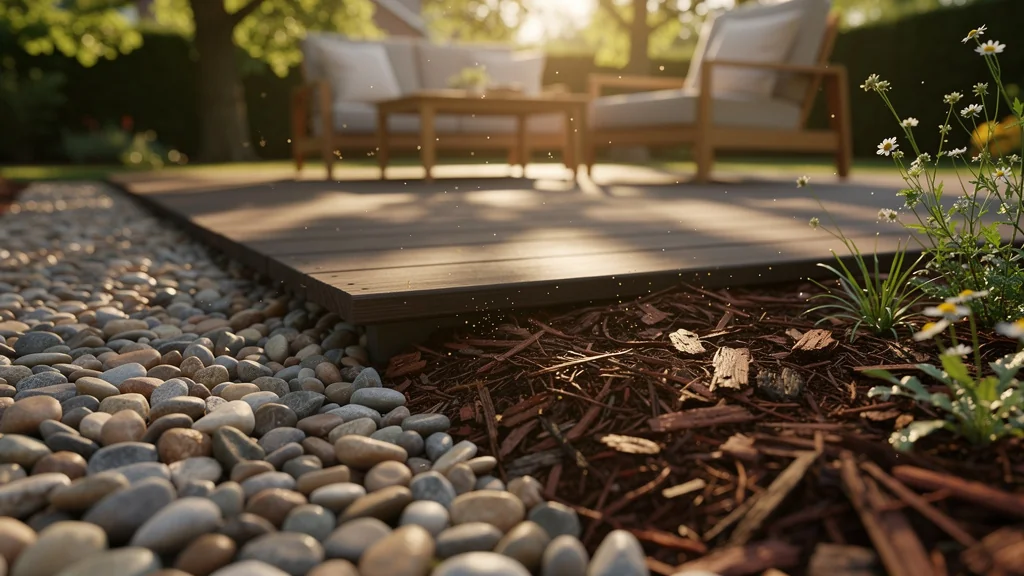 Terrasse bordée de graviers colorés et d’écorces de pin texturées contrastant en lumière naturelle