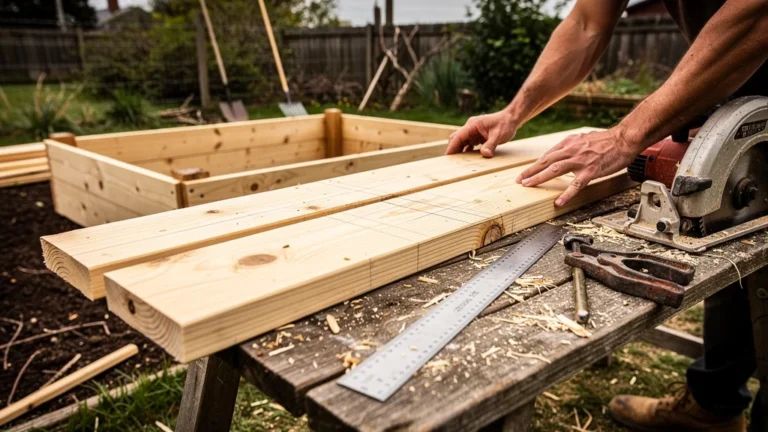 Bacs surélevés en douglas brut en cours de montage avec outils et bois coupé