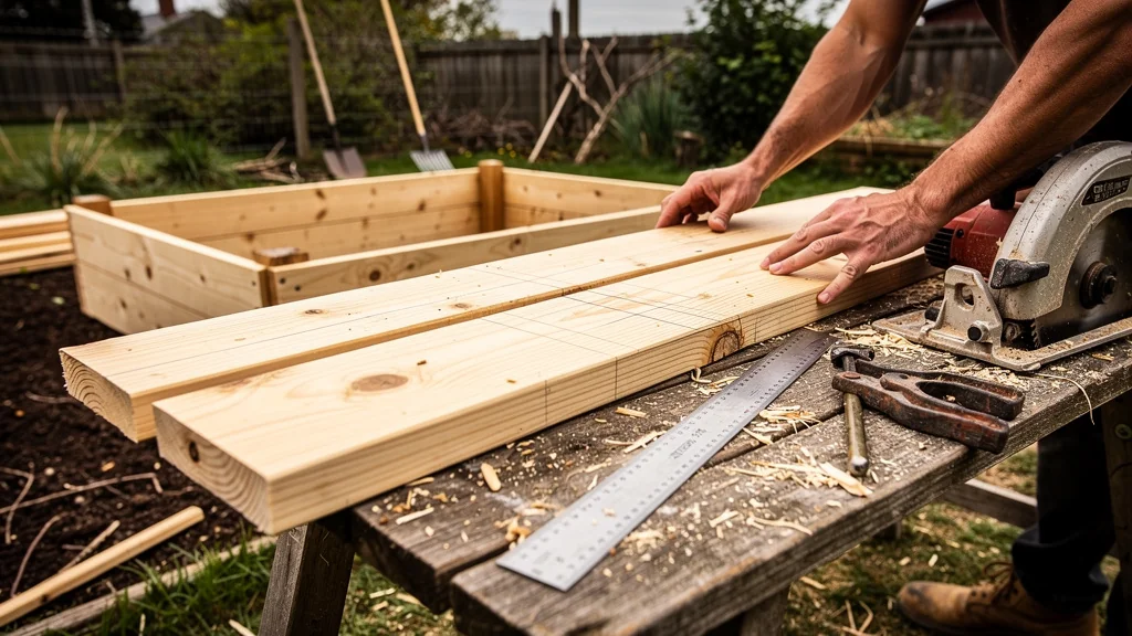 Bacs surélevés en douglas brut en cours de montage avec outils et bois coupé