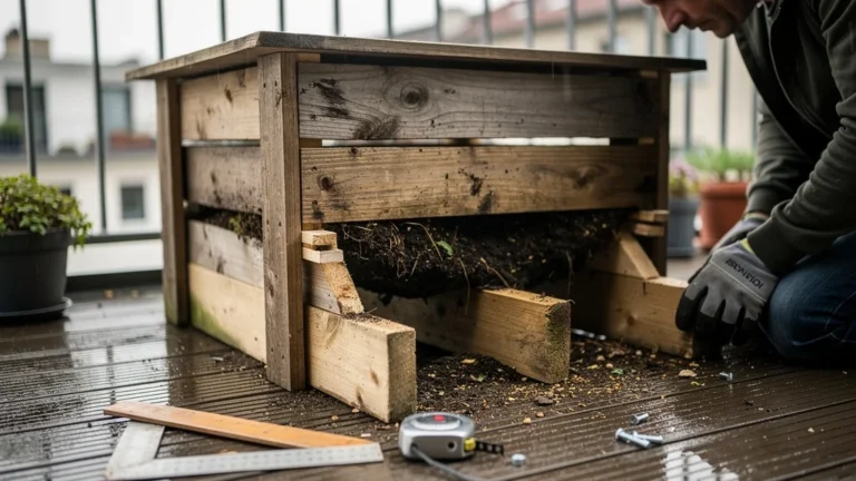 Plancher de composteur de terrasse affaissé avec 4 liteaux calés, réparation DIY