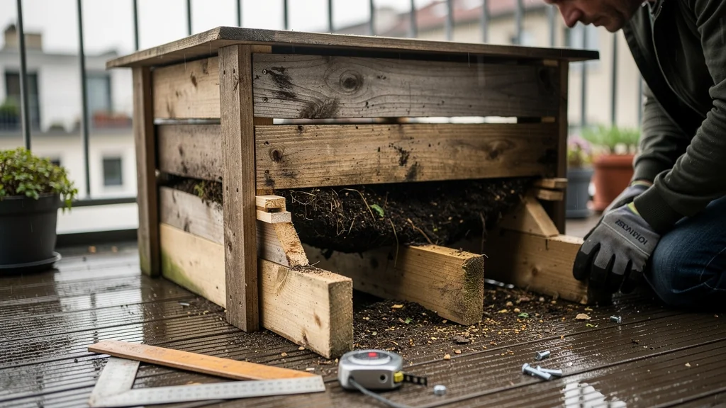 Plancher de composteur de terrasse affaissé avec 4 liteaux calés, réparation DIY