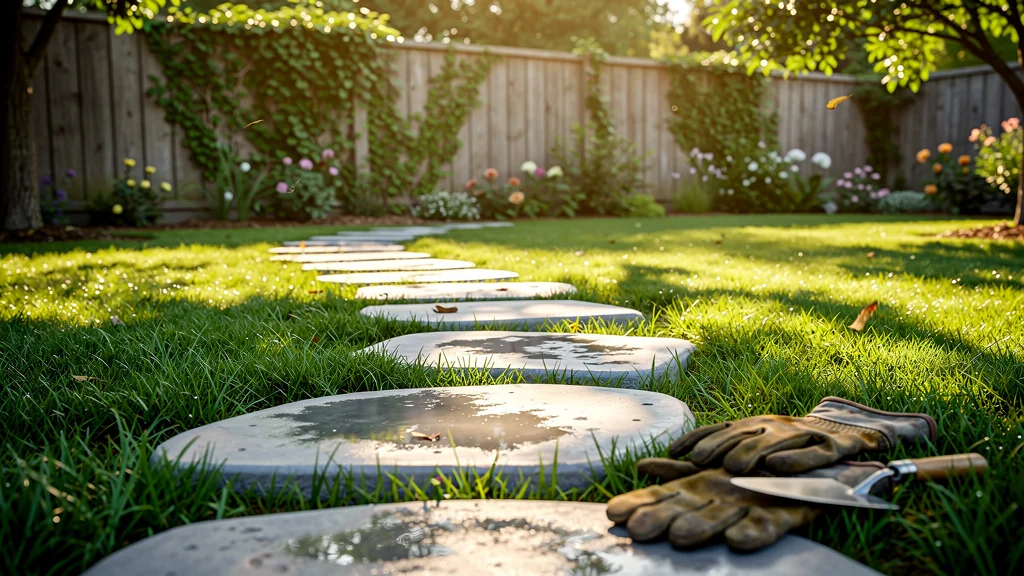 Pas japonais en béton posés sur pelouse verte, installation réalisée en un week-end