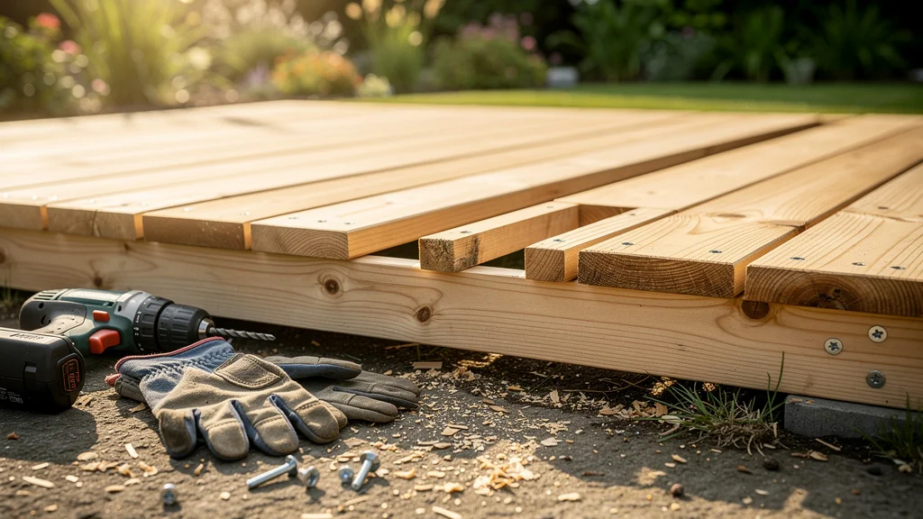 Détail hyper-réaliste d'une terrasse en bois avec lambourdes trop espacées sous les lames vissées