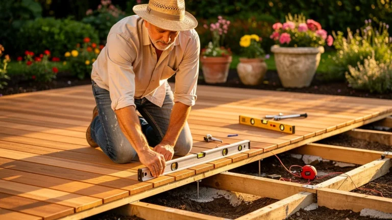 Terrasse en construction avec ouvrier utilisant un outil de nivellement sous lumière naturelle éclatante