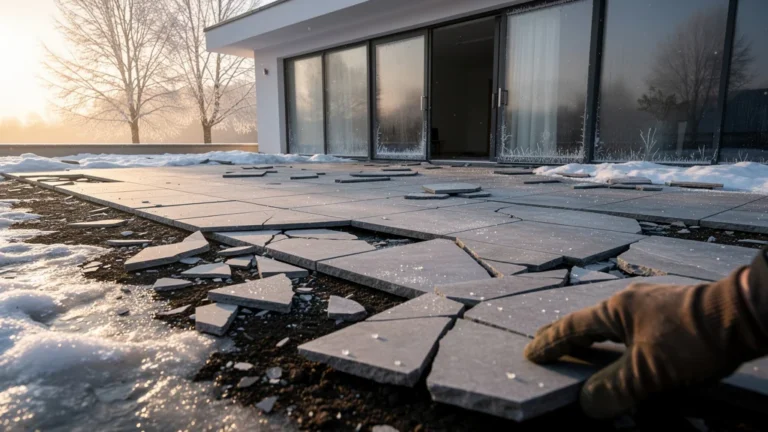 Terrasse endommagée avec dalles fissurées non gélives après l’hiver, erreur coûteuse en rénovation extérieure