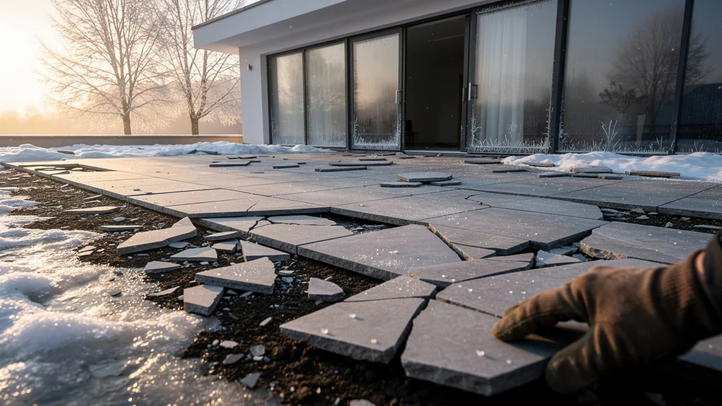 Terrasse endommagée avec dalles fissurées non gélives après l’hiver, erreur coûteuse en rénovation extérieure