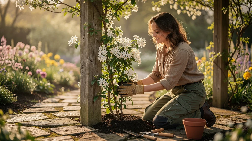 Jasmin étoilé planté le long d’une pergola en bois, lumière dorée et ambiance printanière paisible