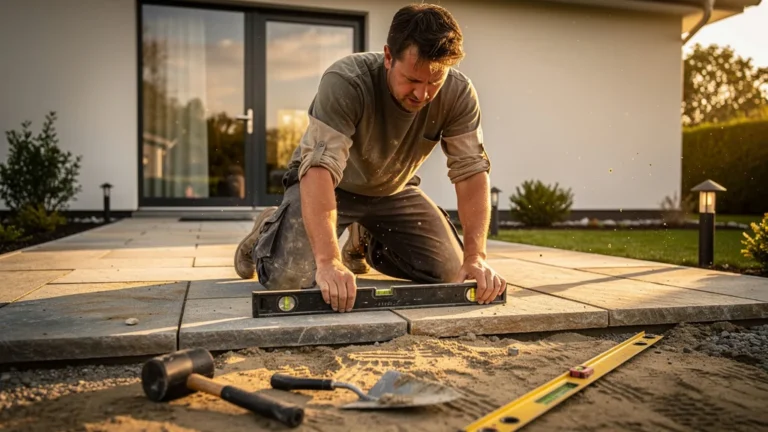 Homme posant ses premières dalles de terrasse découvrant ses erreurs de niveau en extérieur