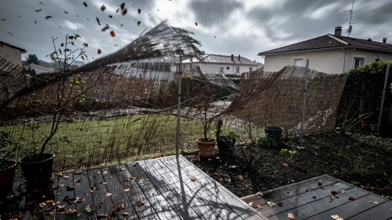 Canisse brise-vue déchirée sous le vent violent en région stéphanoise, fragilité et tempête visibles