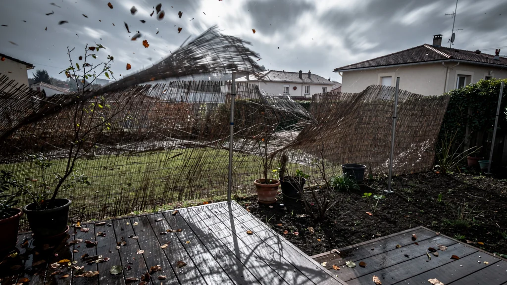 Canisse brise-vue déchirée sous le vent violent en région stéphanoise, fragilité et tempête visibles