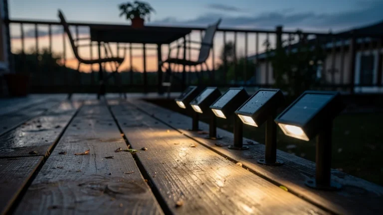 Terrasse avec luminaires solaires bas de gamme défectueux, 4 sur 6 HS en 6 mois