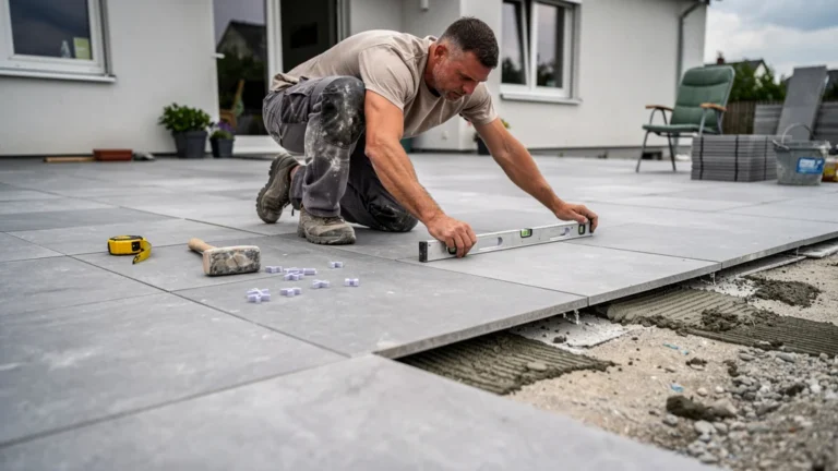 Dalles grès cérame terrasse posées sans plot réglable, avec un biais de 17 mm visible