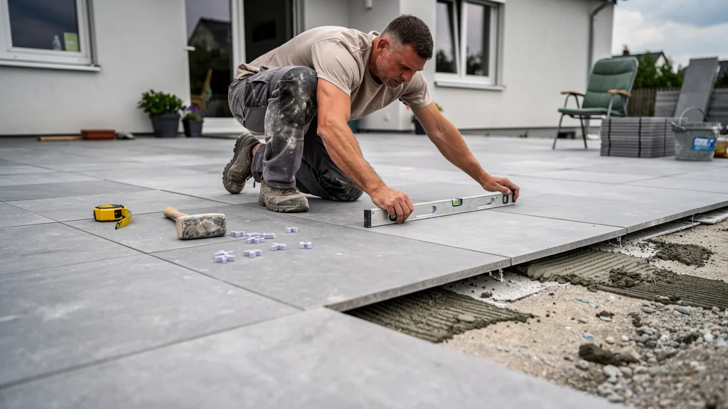 Dalles grès cérame terrasse posées sans plot réglable, avec un biais de 17 mm visible