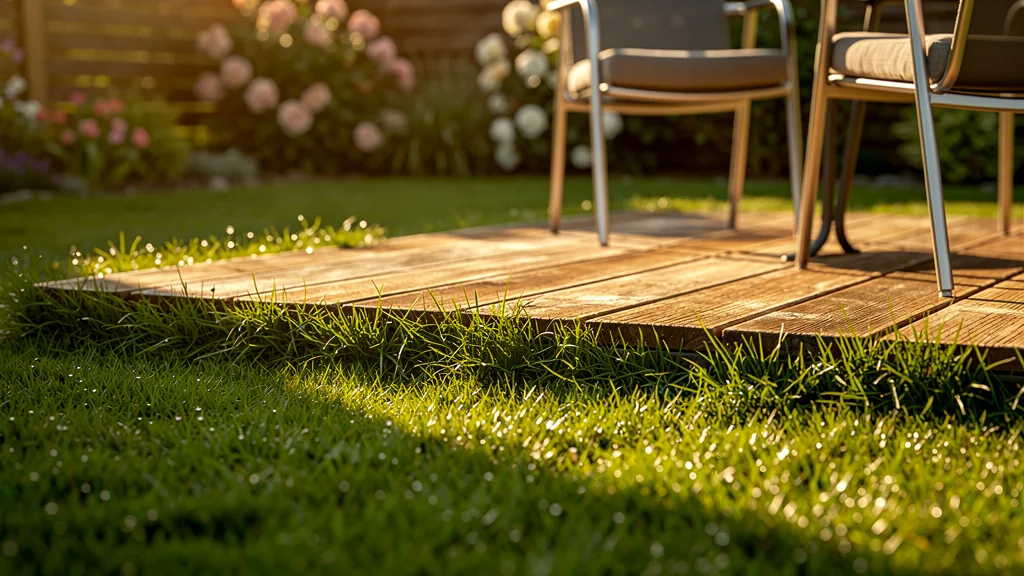 Terrasse entourée de gazon synthétique après deux ans d'usage, vue réaliste et détaillée en extérieur