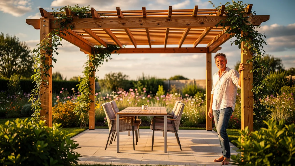 Pergola bioclimatique en bois faite maison dans un jardin au coucher du soleil, ambiance chaleureuse et naturelle