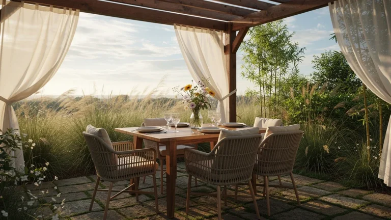 Coin repas extérieur design pensé pour le vent avec pergola, mobilier en bois et coussins légers