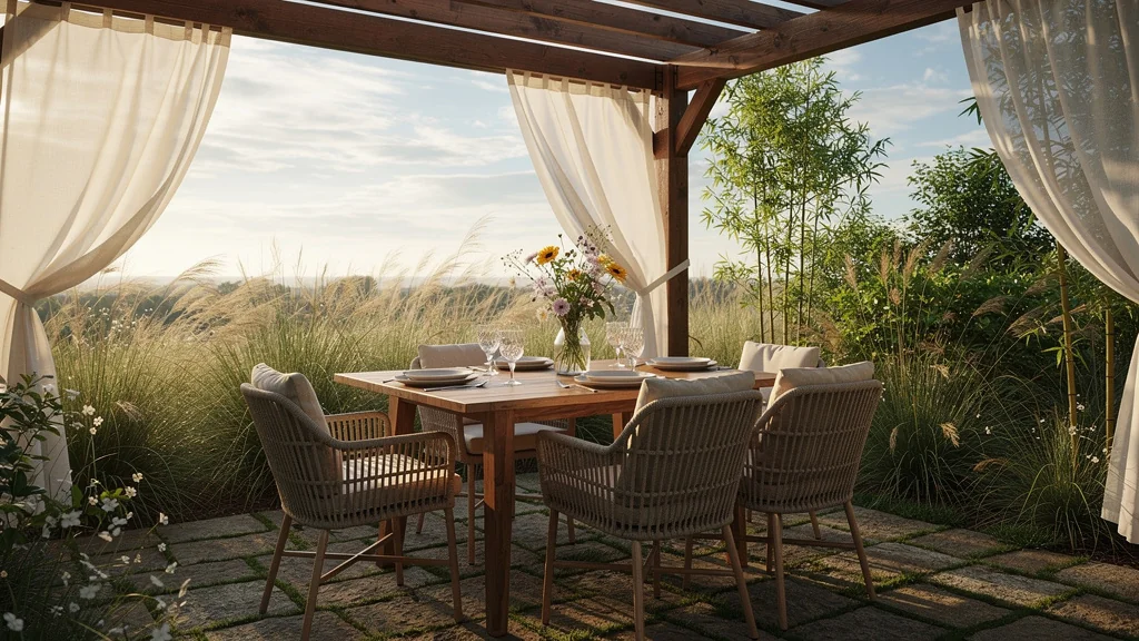 Coin repas extérieur design pensé pour le vent avec pergola, mobilier en bois et coussins légers