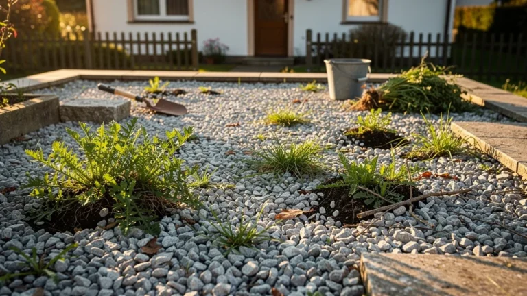 Terrasse en graviers sans géotextile envahie par les mauvaises herbes