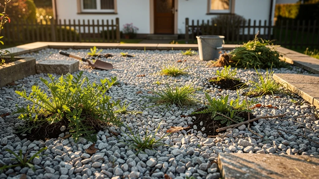 Terrasse en graviers sans géotextile envahie par les mauvaises herbes