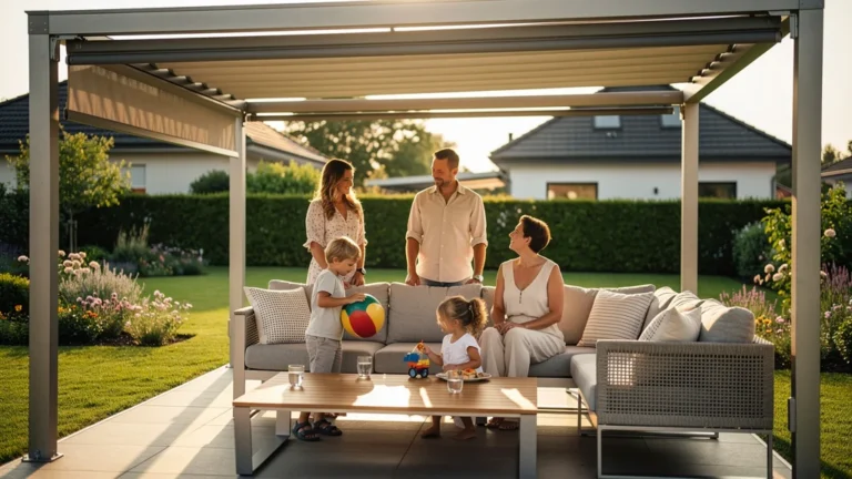 Famille sous une pergola traversière ou toit rétractable pour protection soleil, terrasse moderne et conviviale