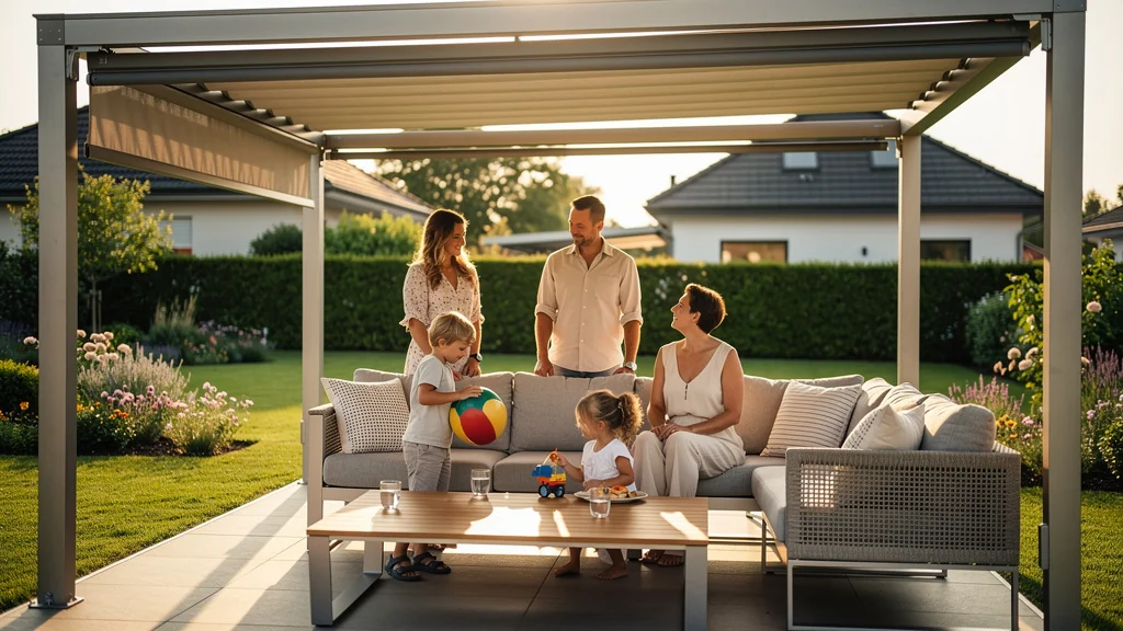 Famille sous une pergola traversière ou toit rétractable pour protection soleil, terrasse moderne et conviviale