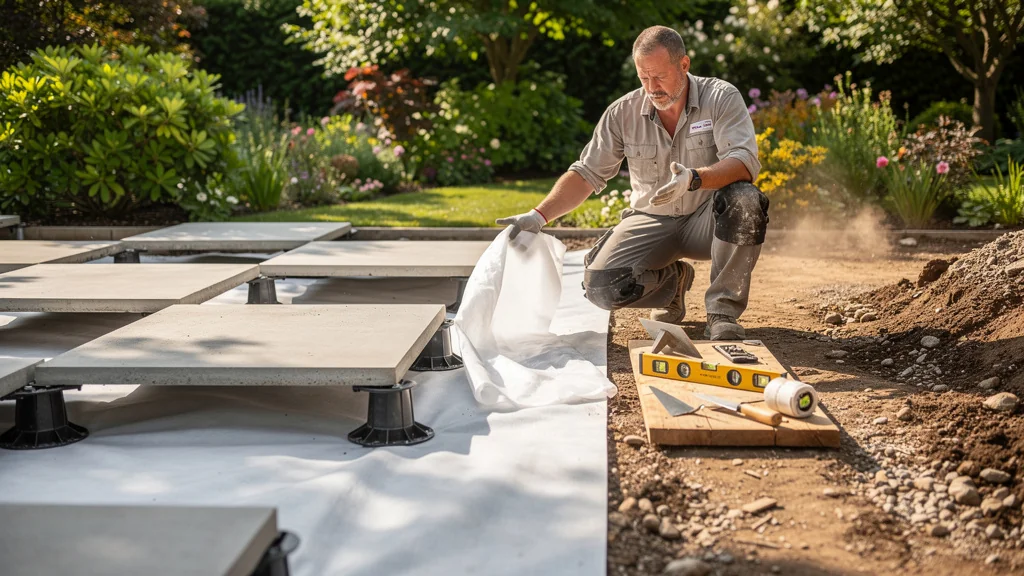 Installation de dalles sur plots avec géotextile pour une meilleure stabilité et durabilité du sol