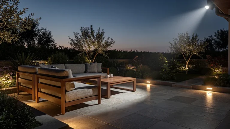 terrasse avec éclairage balisé au sol doux et chaleureux surpassant les spots puissants