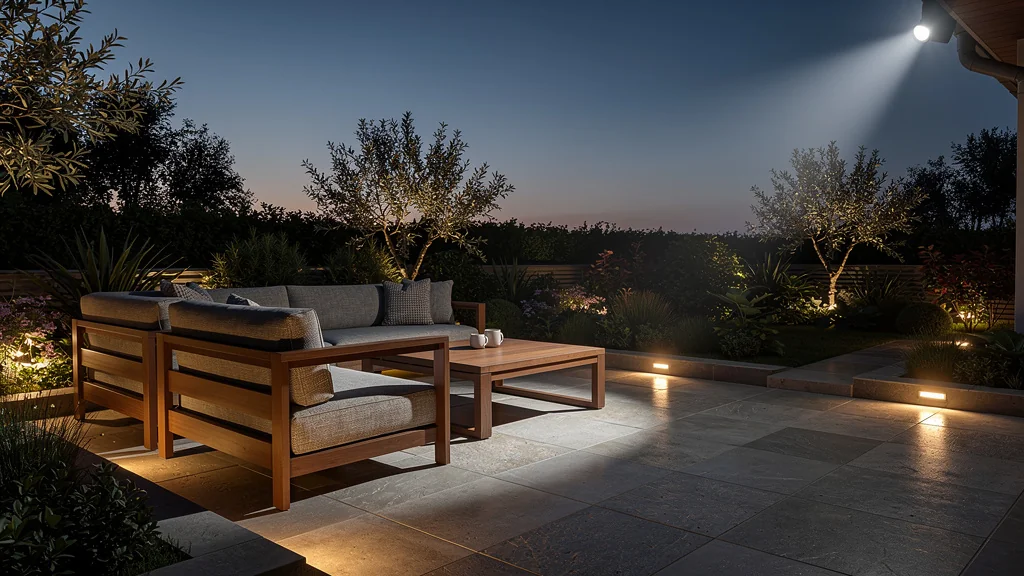terrasse avec éclairage balisé au sol doux et chaleureux surpassant les spots puissants