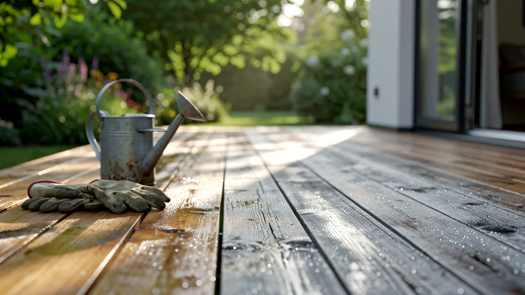 Terrasse en bois grisée en trois mois sans traitement sous lumière naturelle, détails bois usé et texture réaliste