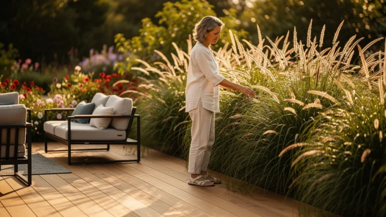 Terrasse moderne bordée de graminées décoratives créant un effet naturel et surprenant en plein air