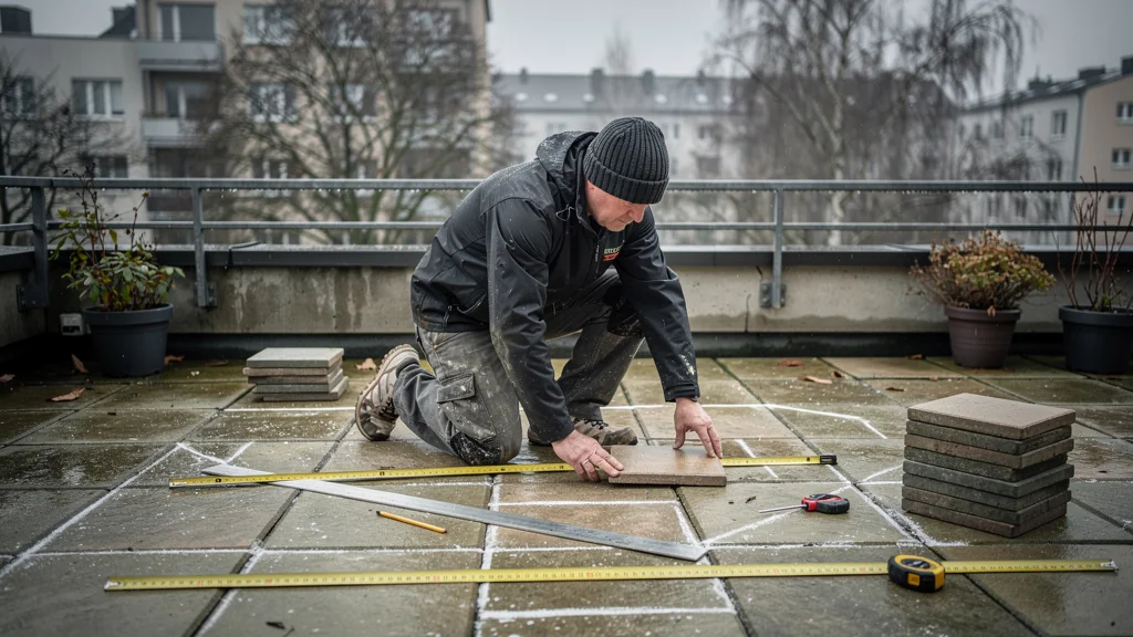 Calepinage d’une terrasse de 28 m² refait seul un lundi gris de novembre