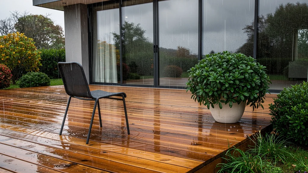Terrasse en bois avec flaques d'eau illustrant un mauvais écoulement après la pluie