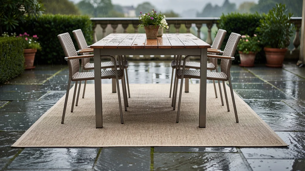 Tapis extérieur en polypropylène ou fibre naturelle sous table après deux mois de pluie
