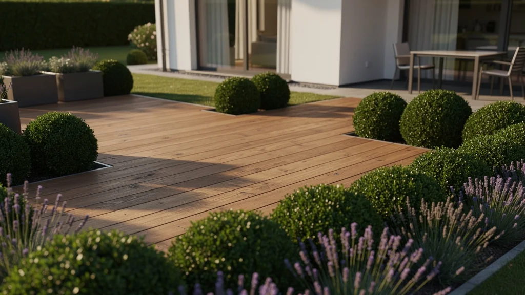 Terrasse bois bordée de buis nains et lavandes, idée d’entretien bas pour jardin moderne