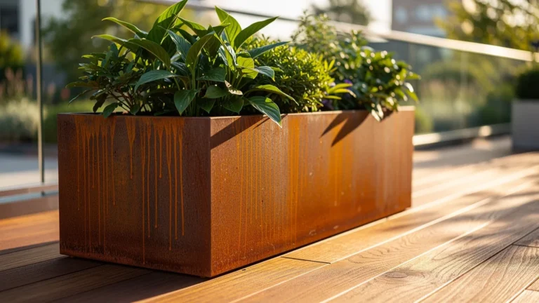 Test d’un bac en acier corten avec rouille contrôlée sur terrasse en bois et plantes vertes luxuriantes