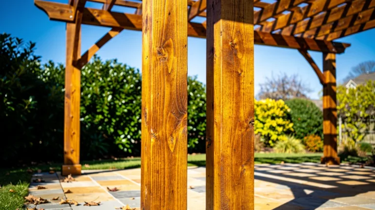 Test de lasure teintée sur poteaux de pergola exposés plein sud après six mois d’exposition
