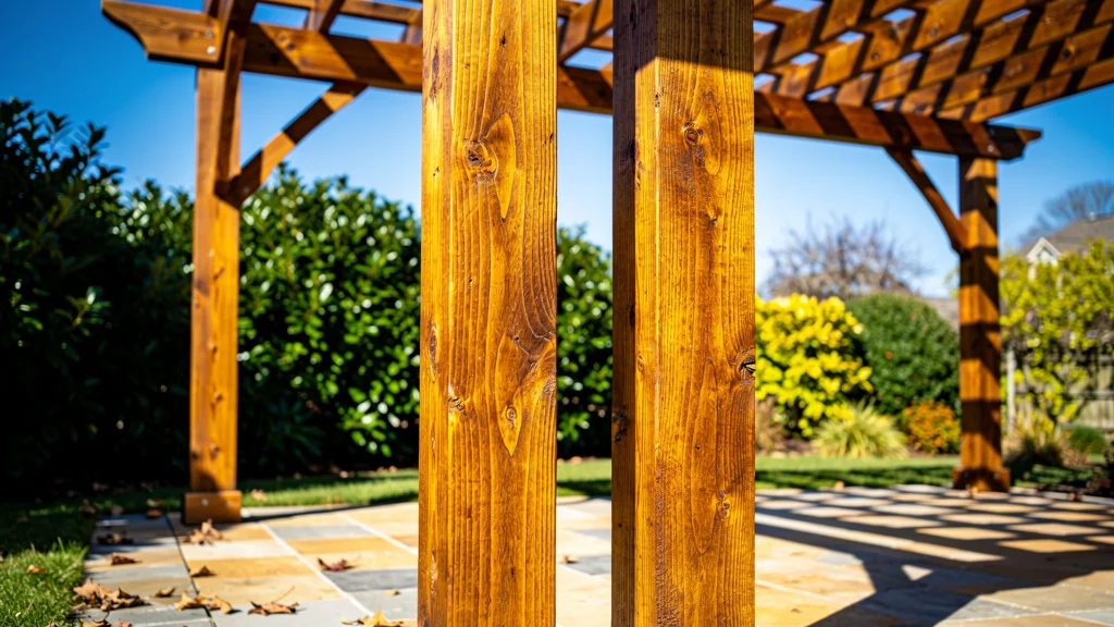 Test de lasure teintée sur poteaux de pergola exposés plein sud après six mois d’exposition